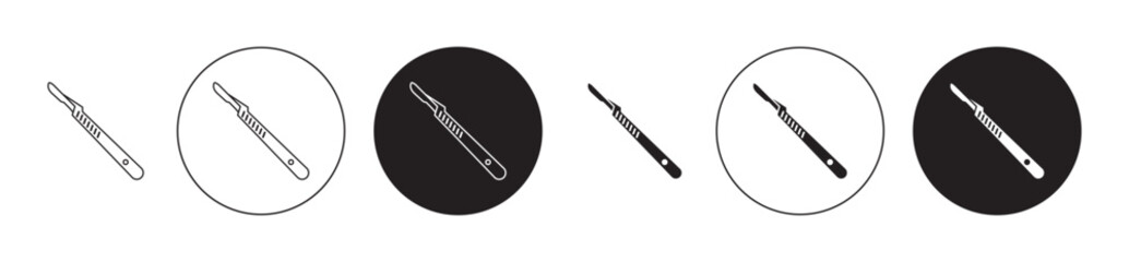 Scalpel icon set. surgeon surgical surgery knife vector symbol. operation lancet sharp scalpel sign in black filled and outlined style.