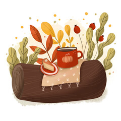 Cute afternoon tea in autumn forest