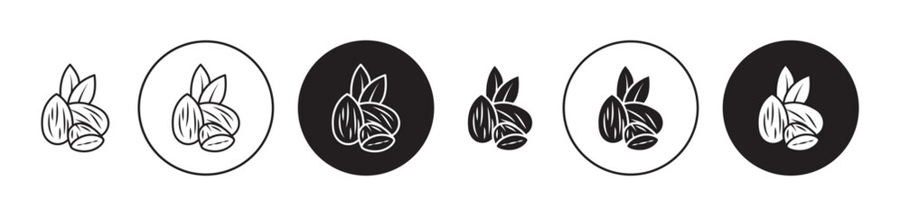 Almond icon set. Almond seed nut vector symbol in black filled and outlined style.