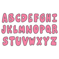 A hand-drawn cartoon English alphabet in pink on a white background.