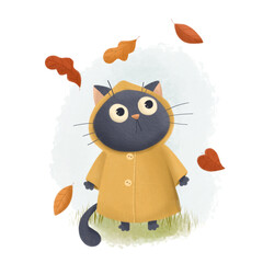 Cute cat looking at the fall of leaves. Autumn Cozy Illustration
