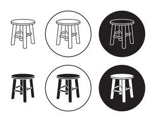 Stool icon set. three leg stool vector symbol in black filled and outlined style.