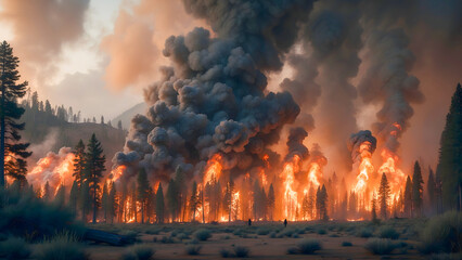 Fototapeta na wymiar AI-generated photo of a fire in the forest with black smoke filling the sky