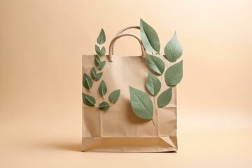 Environmentally conscious shopping with green leaves and paper cut shopping bag. Generative AI