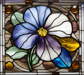 Pansy flower in bloom, abstract painting in stained glass style