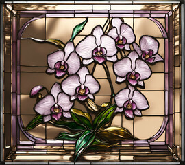 Orchid flower in bloom, abstract painting in stained glass style