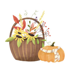 Autumn Basket & Pumpkin. watercolor autumn flower
