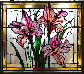 Gladiolus flower in bloom, abstract painting in stained glass style