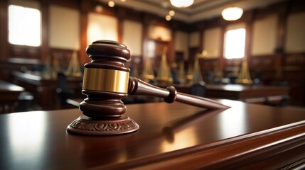 Gavel on judge's desk, symbolizing court trial, justice, and legal decisions in the courtroom 