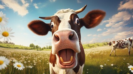  surprised cow with goofy face in sunny meadow  - obrazy, fototapety, plakaty