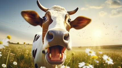  surprised cow with goofy face in sunny meadow  - obrazy, fototapety, plakaty