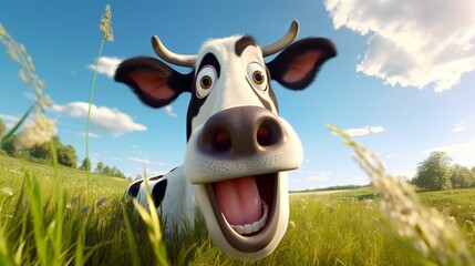  surprised cow with goofy face in sunny meadow 