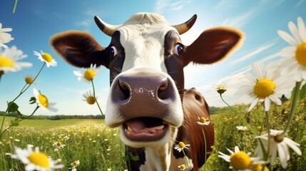  surprised cow with goofy face in sunny meadow 