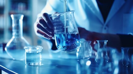 Scientist in laboratory analyzing blue substance in beaker, conducting medical research for pharmaceutical discovery, biotechnology development in healthcare