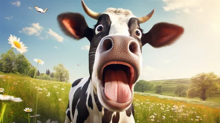 Rolgordijnen  surprised cow with goofy face in sunny meadow  © Ahtesham