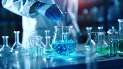 Scientist in laboratory analyzing blue substance in beaker, conducting medical research for pharmaceutical discovery, biotechnology development in healthcare