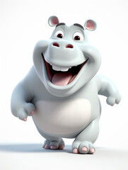 A 3D Cartoon Hippo Laughing and Happy on a Solid Background
