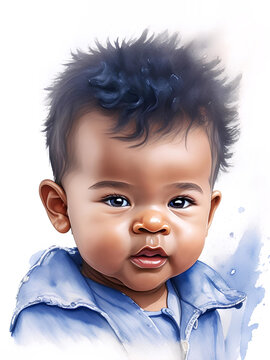 Portrait of a cute afro american baby boy on a white background. Watercolor illustration