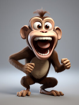 A 3D Cartoon Monkey Laughing and Happy on a Solid Background