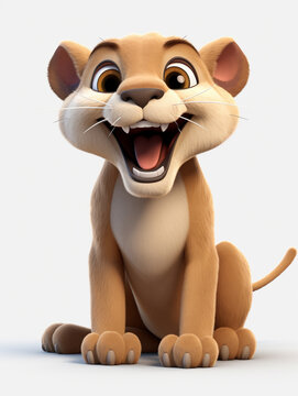 A 3D Cartoon Mountain Lion Laughing and Happy on a Solid Background