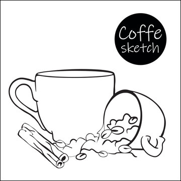Scattered coffee beans with an overturned ceramic mug and cup of hot coffee in sketch style. Vintage vector engraving for label, web.