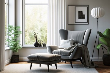 Modern Scandinavian living room with armchair, poster frame, and personal accessories. Generative AI