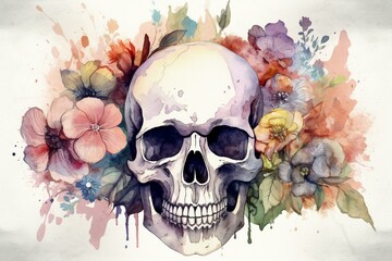 Illustration of skull and flowers created with watercolors. Generative AI