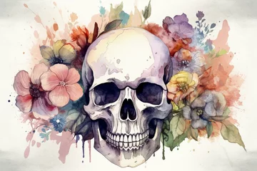 Afwasbaar Fotobehang Aquarel doodshoofd Illustration of skull and flowers created with watercolors. Generative AI
