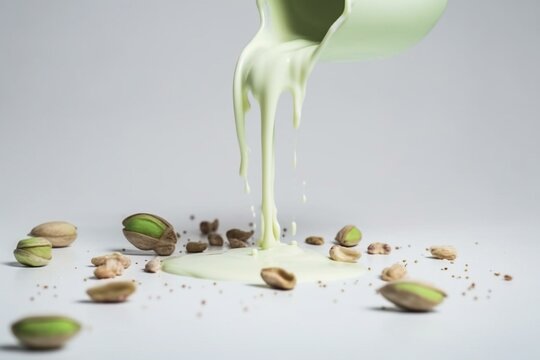 Pistachio falling into milk on white background. Generative AI