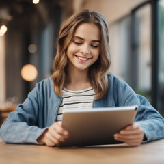 A teenage girl having fun with a tablet in the concept of connected people