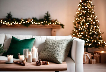 New year tree and gifts in scandinavian style interior with christmas decoration. AI generated.