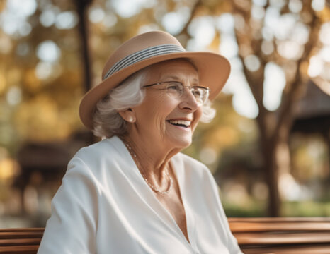 Healthy and vital elderly woman sitting outdoors smiling