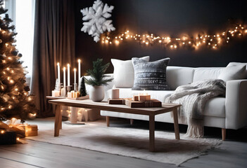 New year tree and gifts in scandinavian style interior with christmas decoration. AI generated. - obrazy, fototapety, plakaty