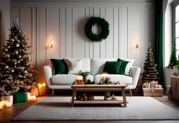 New year tree and gifts in scandinavian style interior with christmas decoration. AI generated.