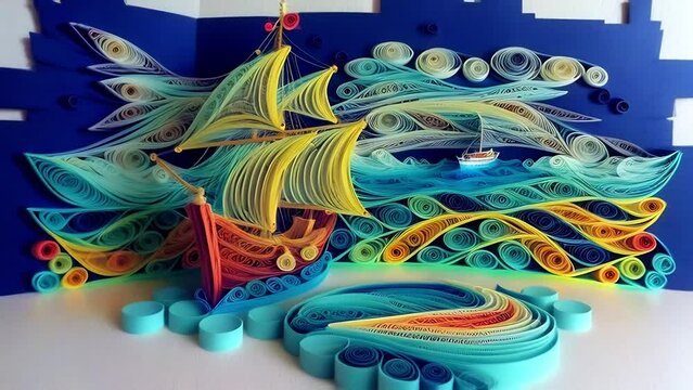 Small ship in the blue sea made of paper in quilling style