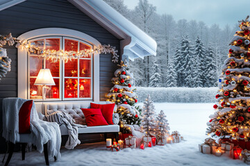 Beautiful winter landscape with Christmas tree and fireplace. Selective focus