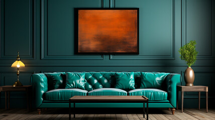 mock up frame on blue sofa with black and green background,