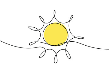 Continuous line sun art. Single line sketch sunny summer travel concept. Icon hot bright sky weather happy holiday vacation element