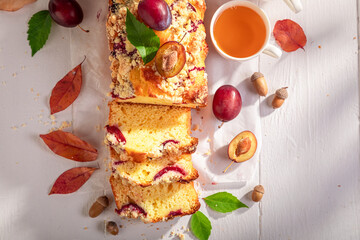 Tasty plum yeast cake made of fresh ingredients and fruits.