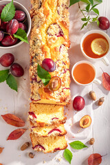Homemade plum yeast cake made of autumn fruits.