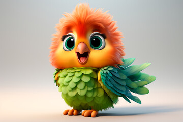 Fototapeta premium Parrot on a white background. Adorable 3D cartoon animal portrait.
