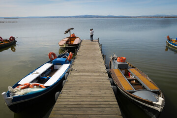 Fototapeta premium Father holding son in his arms in wooden dock by Albufera lake in Valencia 