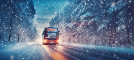 Bus on asphalt road in beautiful winter day at countryside in snowfall - obrazy, fototapety, plakaty