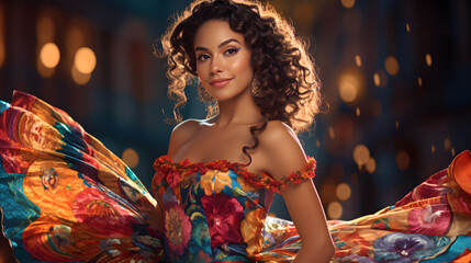 Mujer latina cabello largo con vestido floreado  - obrazy, fototapety, plakaty