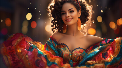 Danza Apasionada: Mujer Latina en Vestido Dorado y luces brillantes 