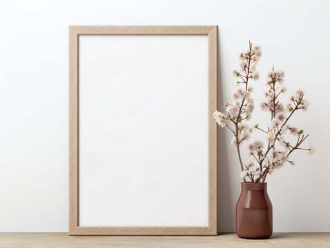 Light wood rectangular picture frame and a dark brown narrow-necked vase with cherry blossoms, set on a wooden surface against a plain white wall.