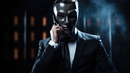 Phone fraud concept. Mysterious suited man with mask holding phone on dark room - obrazy, fototapety, plakaty