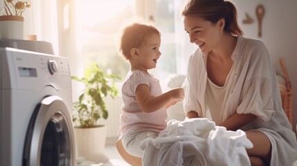 Happy smiling young caucasian woman with her boy child doing the laundry - obrazy, fototapety, plakaty