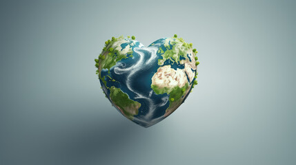 World peace and love concept. Heart shaped planet earth over grey background