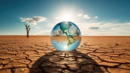 Drought and climate crisis. Planet earth sphere in the middle of dry dessert land